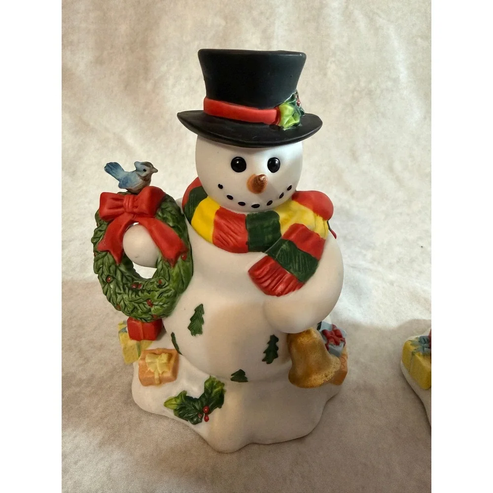 PartyLite Snowbell Snowman & Snowlady Christmas Candle Holders Ceramic Figurines